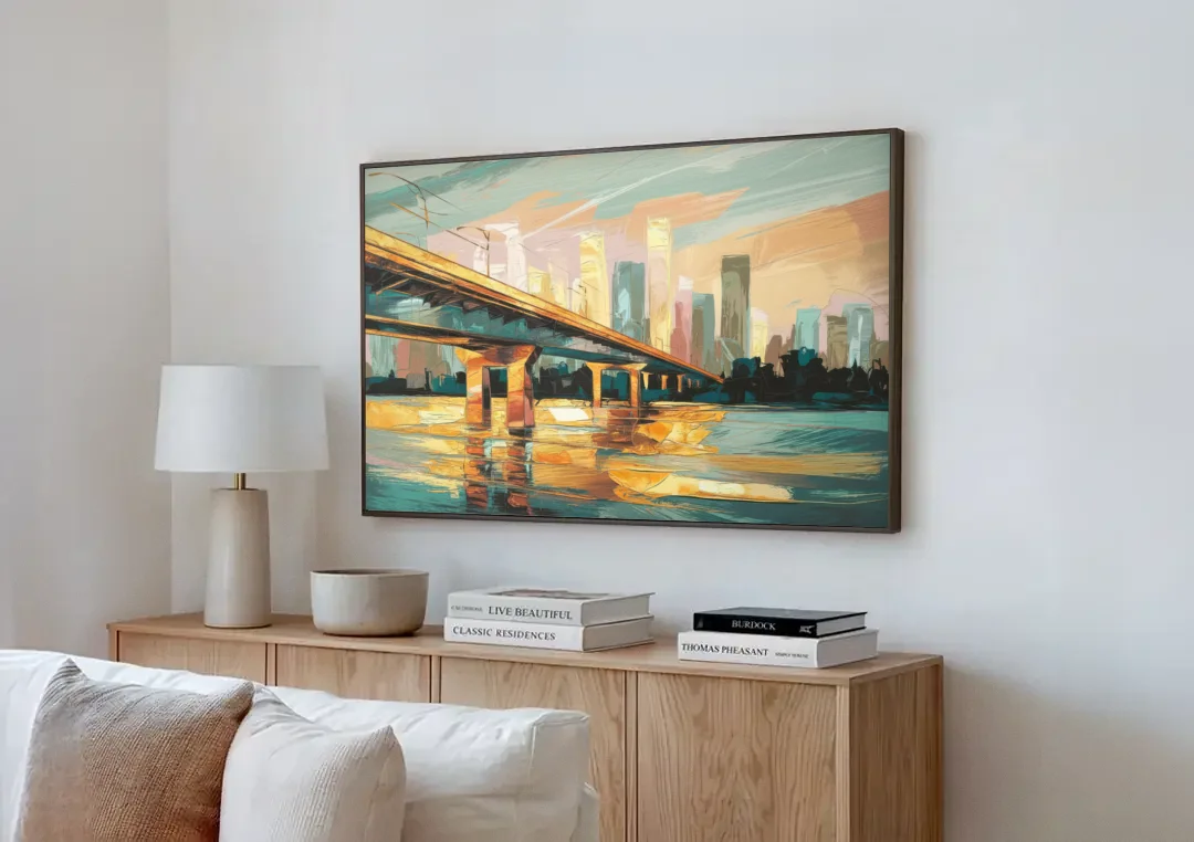 Houston Be Someone Bridge canvas wall art above a wooden sideboard next to a sofa