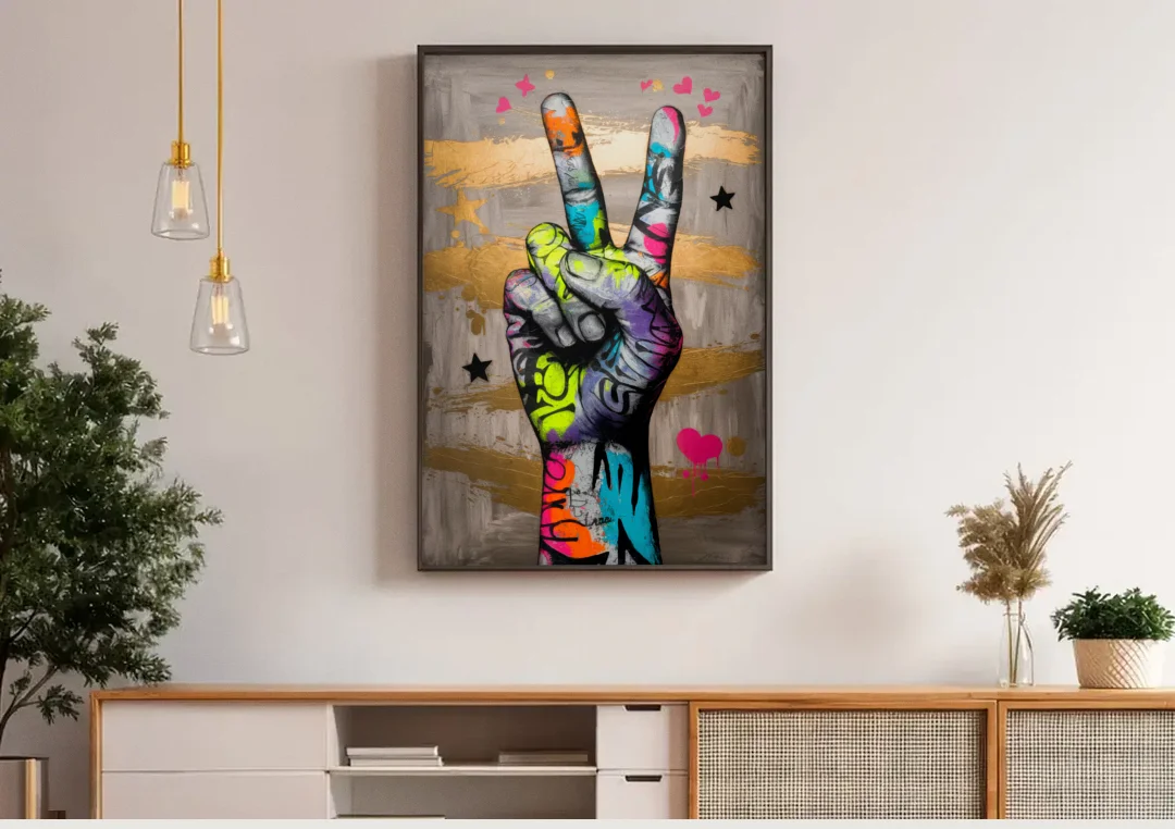 Houston Bold Graffiti canvas wall art above a wooden sideboard under pendant lights