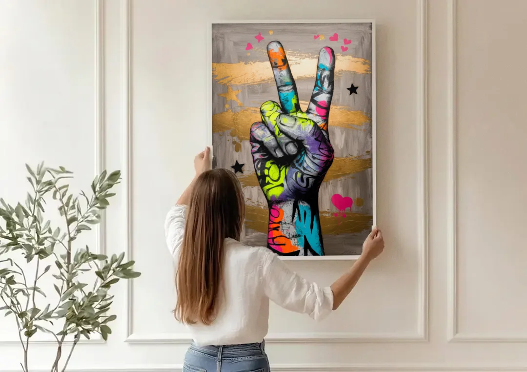 Houston Bold Graffiti canvas wall art being hung on a paneled wall