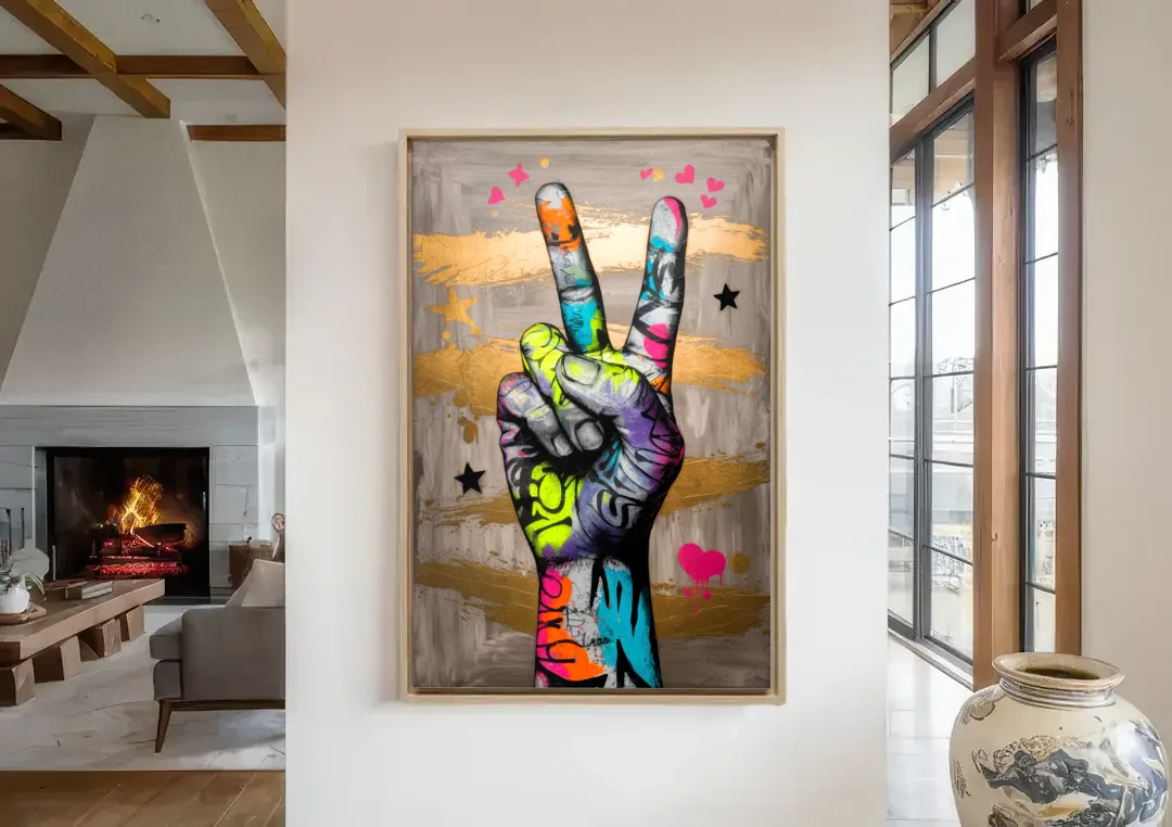 Houston Bold Graffiti canvas wall art in a living room with a fireplace