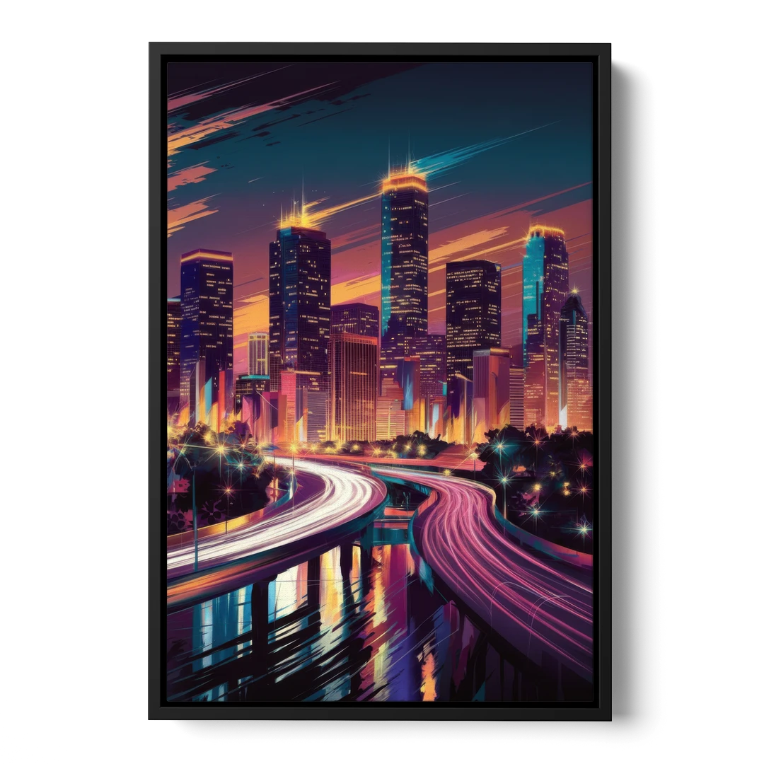 Houston City Lights - Black Framed Canvas Wall Art - Front
