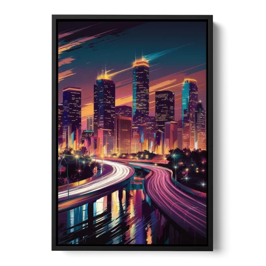 Houston City Lights - Black Framed Canvas Wall Art - Front