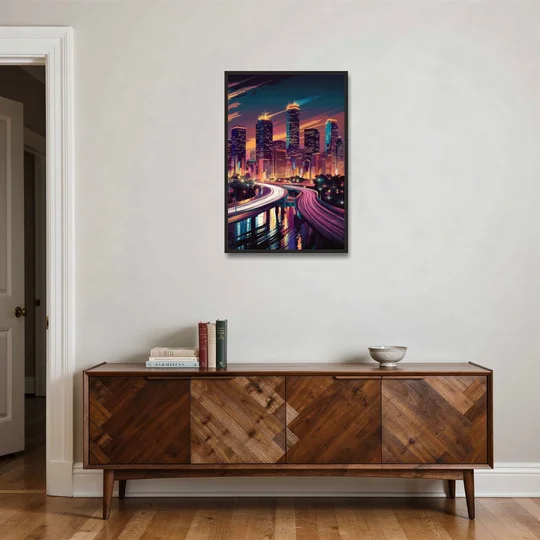 Houston City Lights - Black Framed Canvas Wall Art - Coffee Table - 24x36