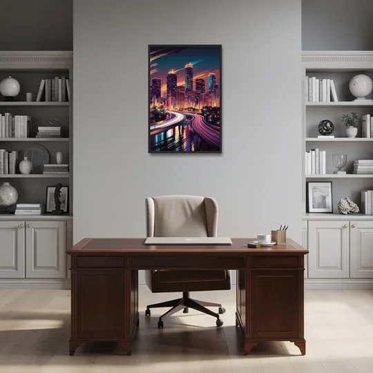 Houston City Lights - Black Framed Canvas Wall Art - Office - 24x36