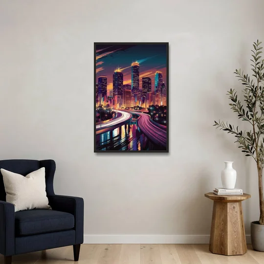 Houston City Lights - Black Framed Canvas Wall Art - Sofa - 24x36