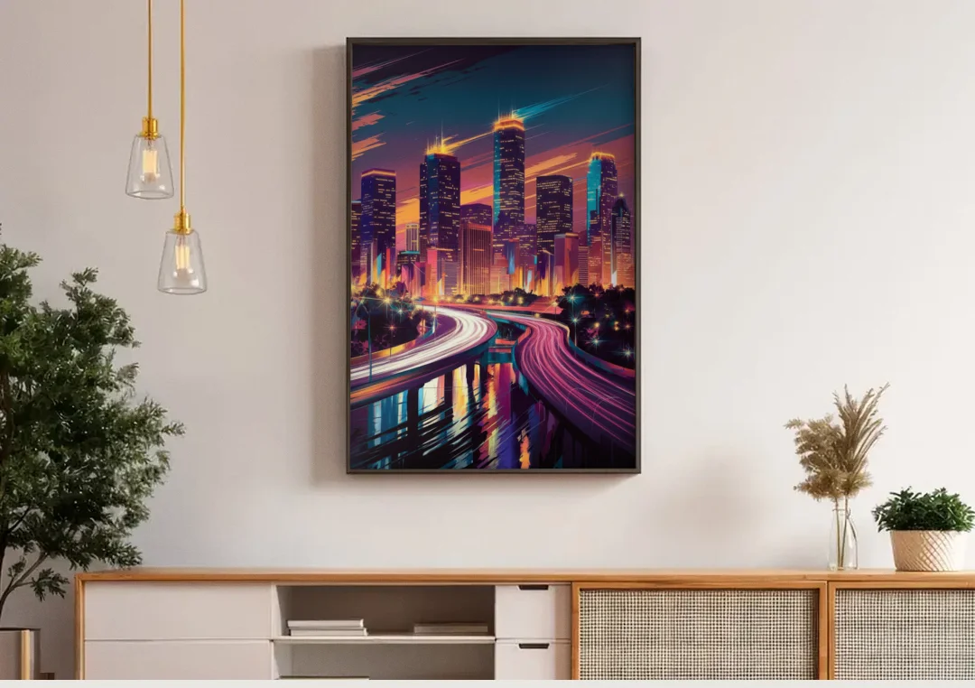 Houston City Lights canvas wall art above a wooden sideboard under pendant lights