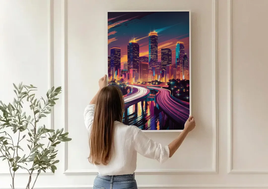 Houston City Lights canvas wall art being hung on a paneled wall