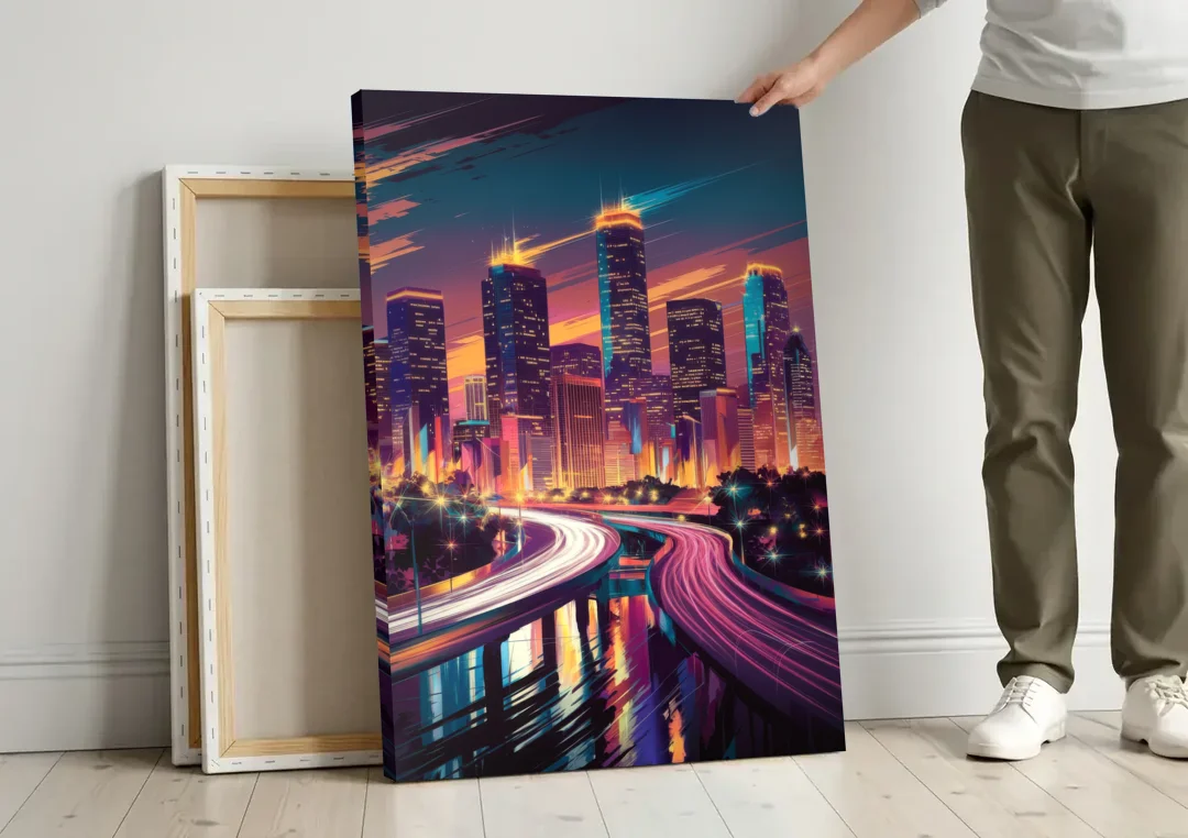 Houston City Lights canvas wall art leaning against a wall next to blank canvases