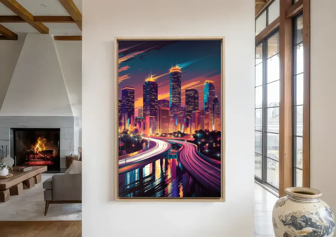 Houston City Lights canvas wall art in a living room with a fireplace