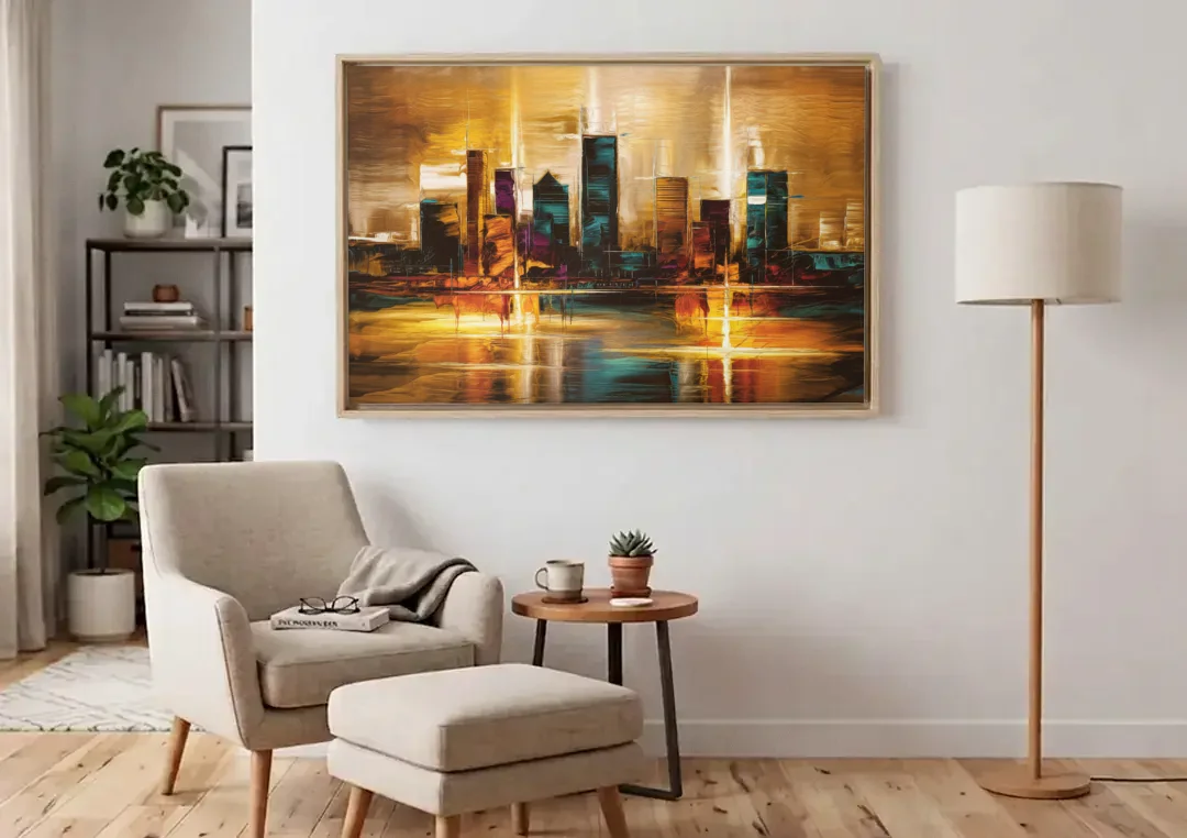Houston Cityscape canvas wall art above an armchair in a bright living room