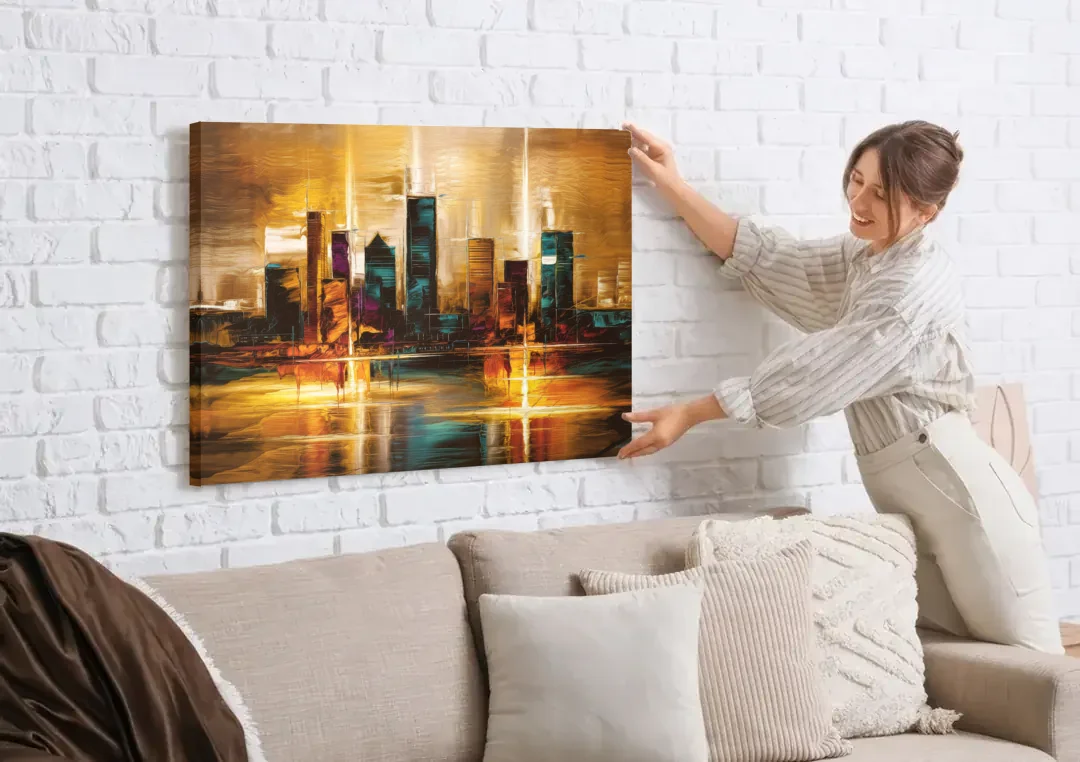 Houston Cityscape canvas wall art being hung on a white brick wall above a sofa