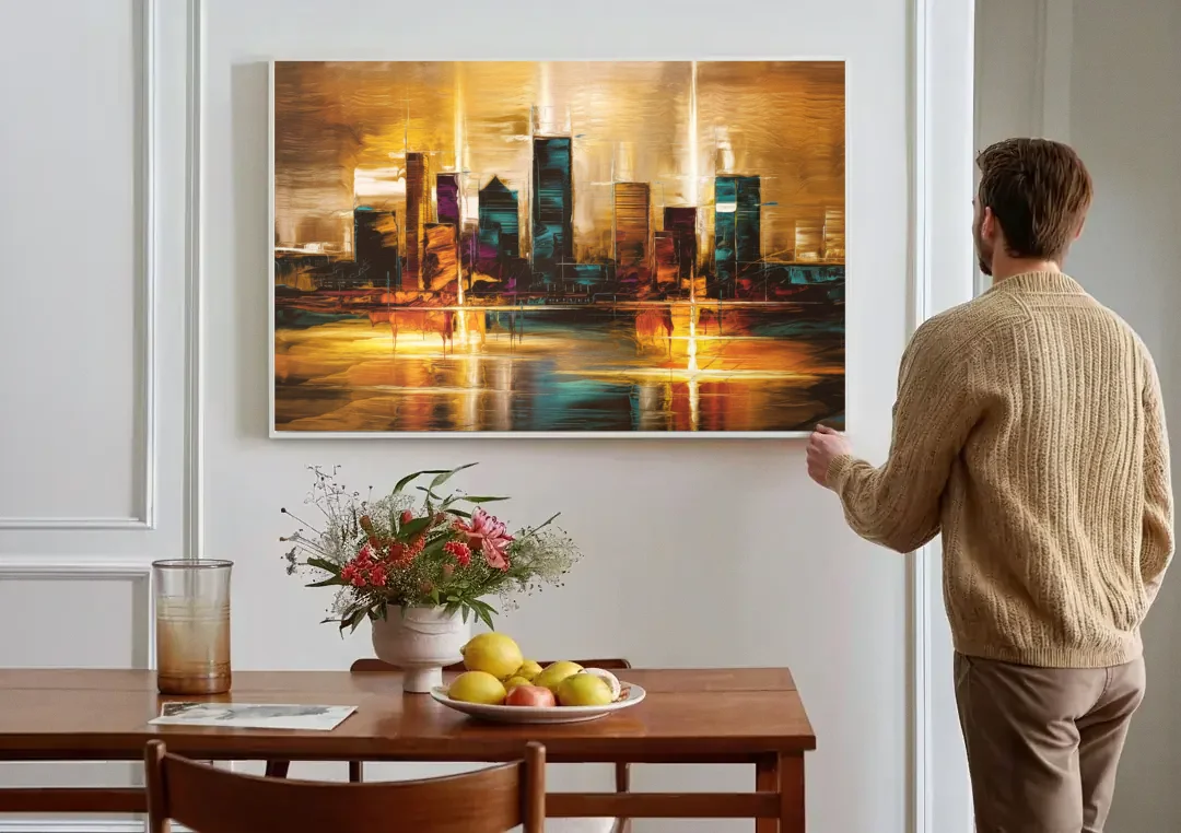 Houston Cityscape canvas wall art above a dining table