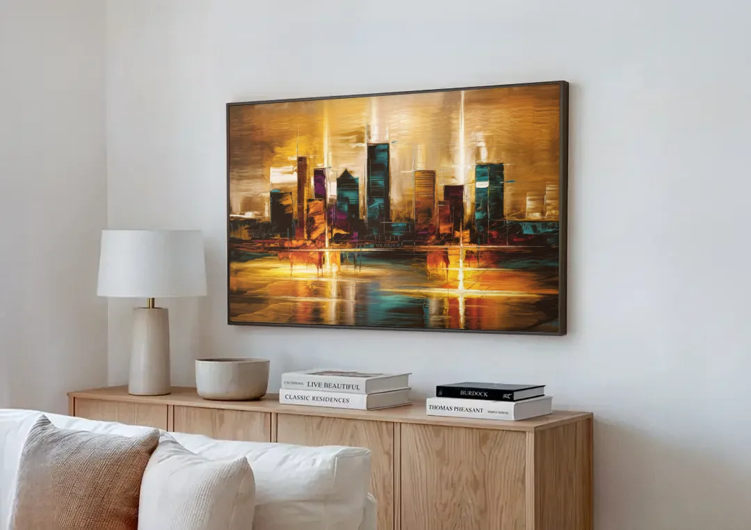 Houston Cityscape canvas wall art above a wooden sideboard next to a sofa