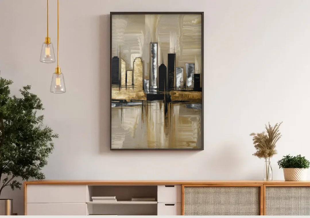 Houston Contemporary Design canvas wall art above a wooden sideboard under pendant lights