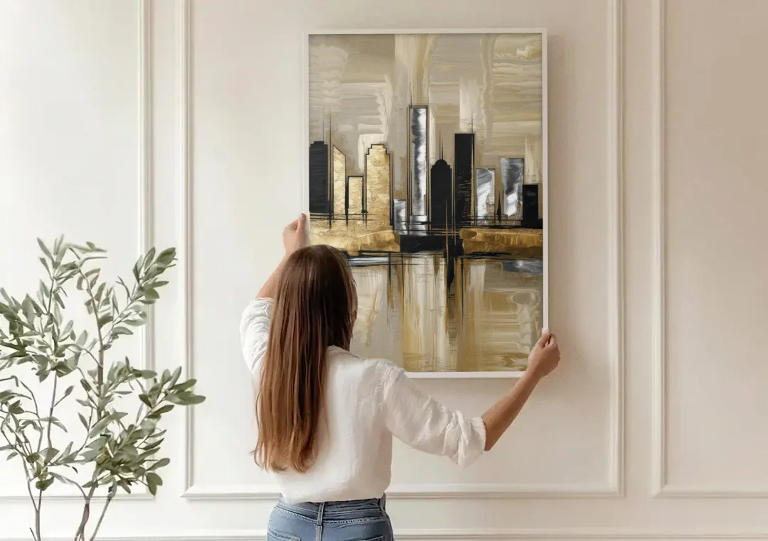Houston Contemporary Design canvas wall art being hung on a paneled wall