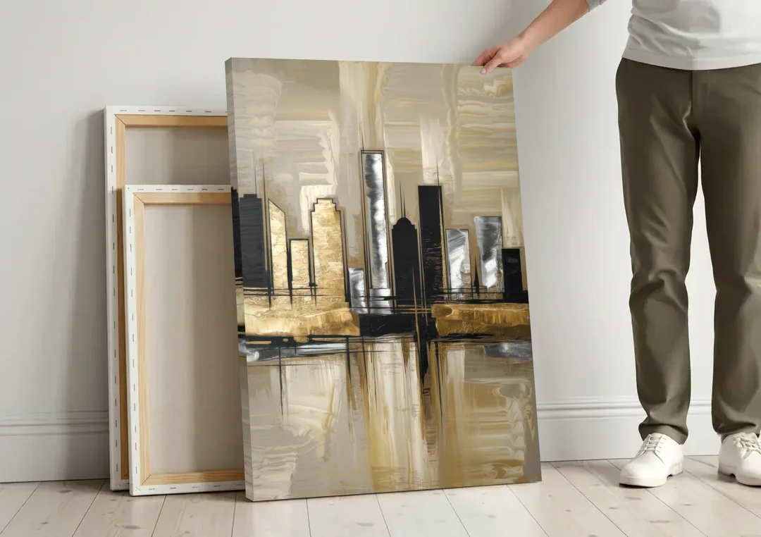 Houston Contemporary Design canvas wall art leaning against a wall next to blank canvases