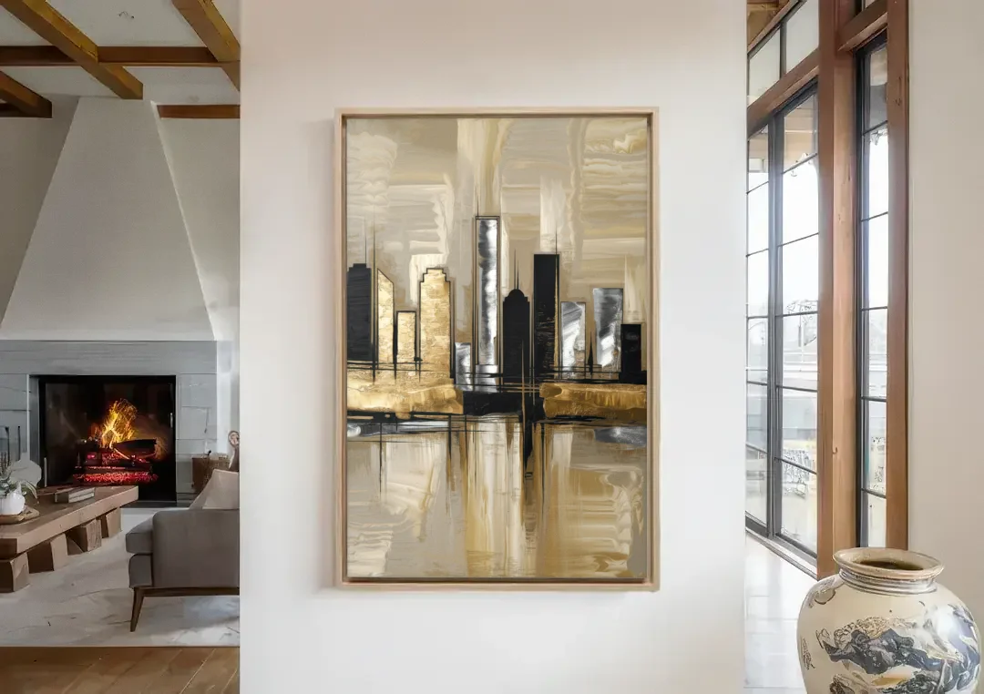 Houston Contemporary Design canvas wall art in a living room with a fireplace