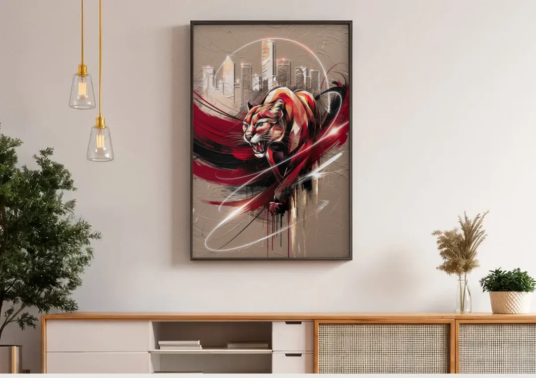 Houston Cougars Passion canvas wall art above a wooden sideboard under pendant lights