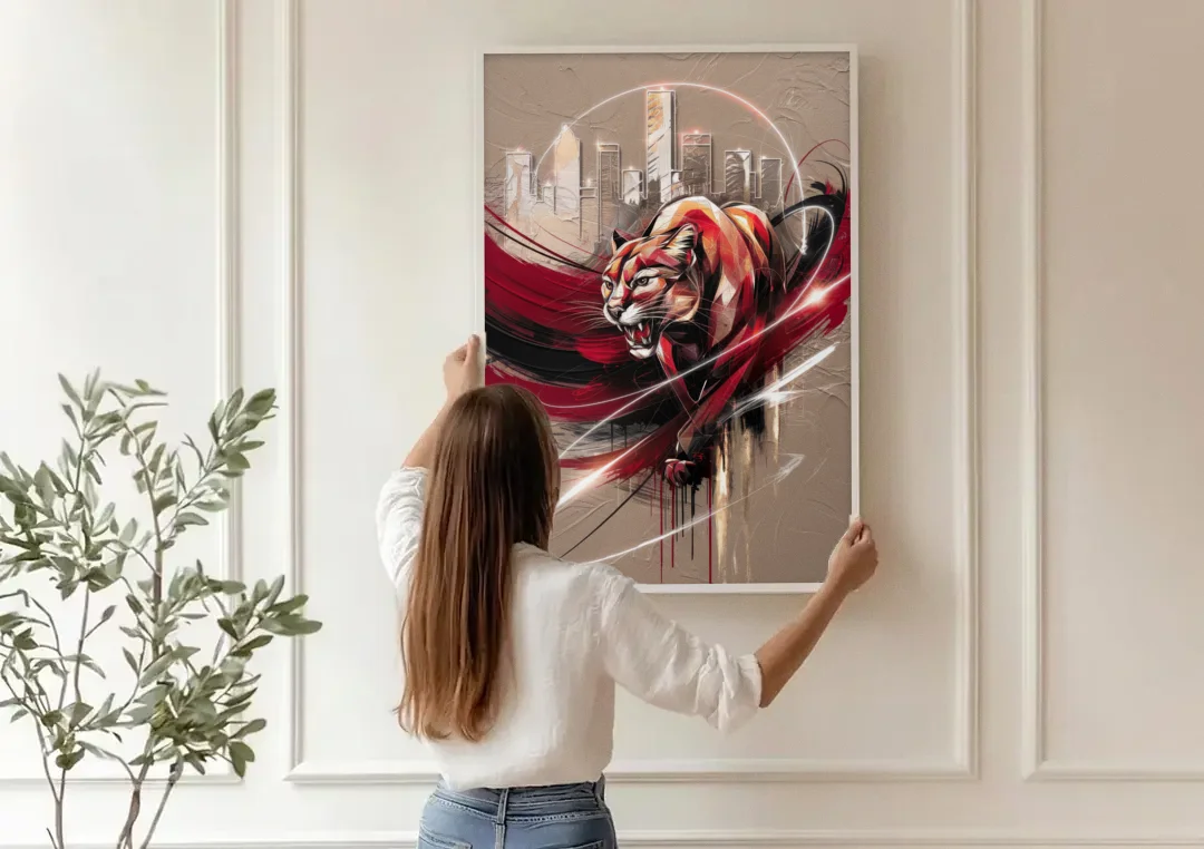 Houston Cougars Passion canvas wall art being hung on a paneled wall