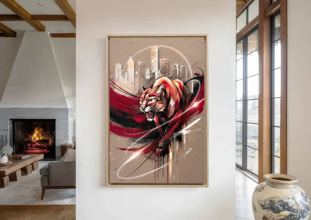 Houston Cougars Passion canvas wall art in a living room with a fireplace