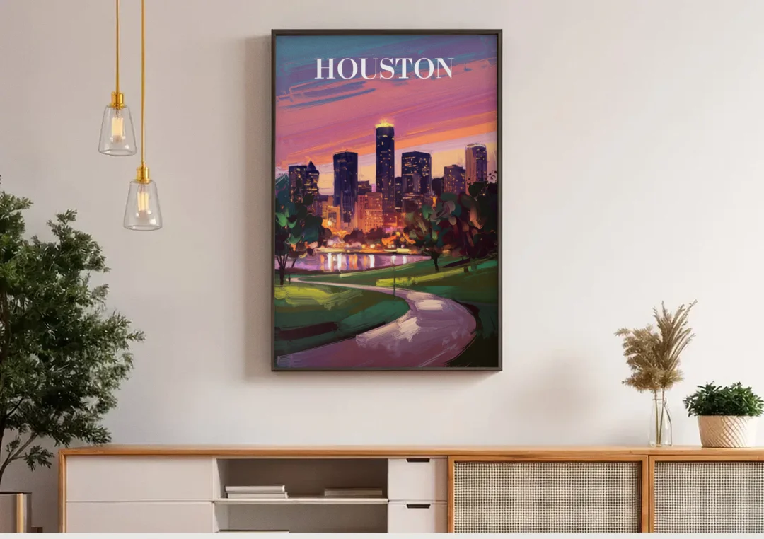 Houston Downtown Vibes canvas wall art above a wooden sideboard under pendant lights