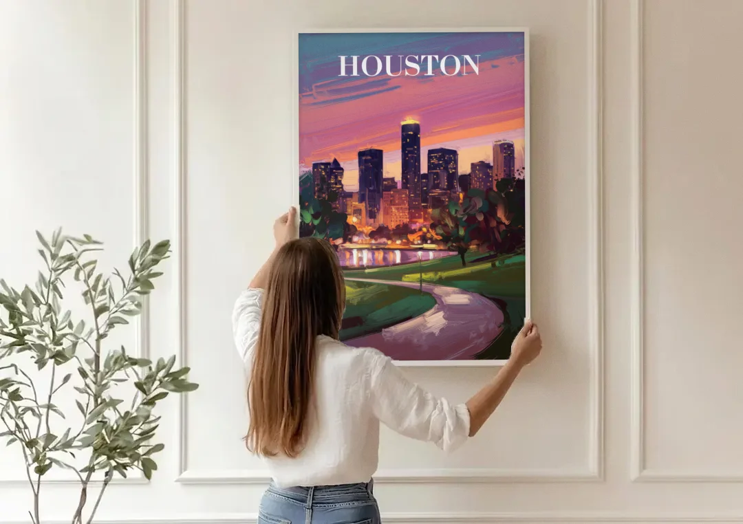 Houston Downtown Vibes canvas wall art being hung on a paneled wall