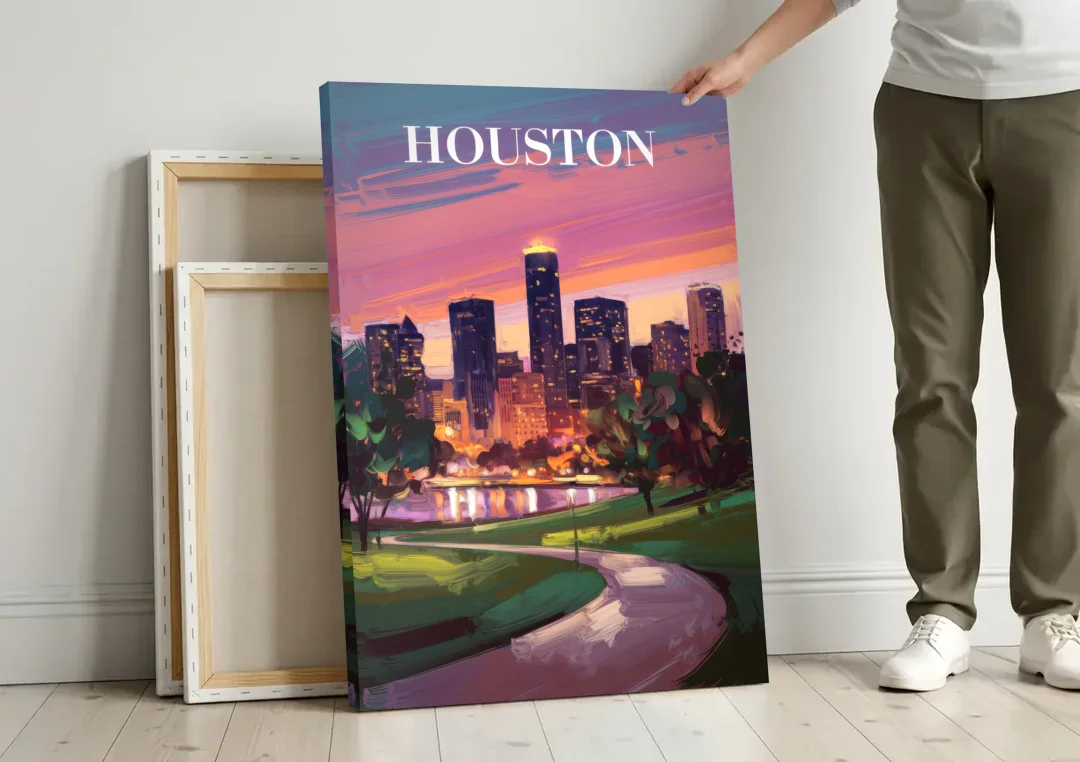 Houston Downtown Vibes canvas wall art leaning against a wall next to blank canvases