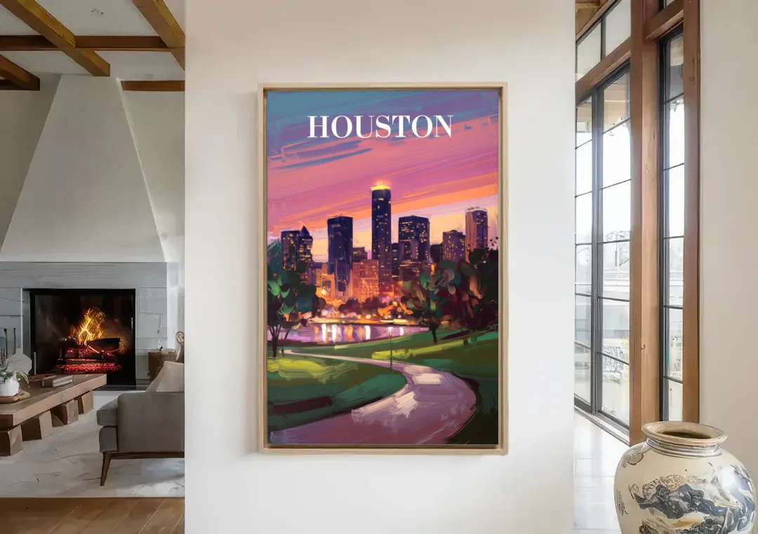 Houston Downtown Vibes canvas wall art in a living room with a fireplace