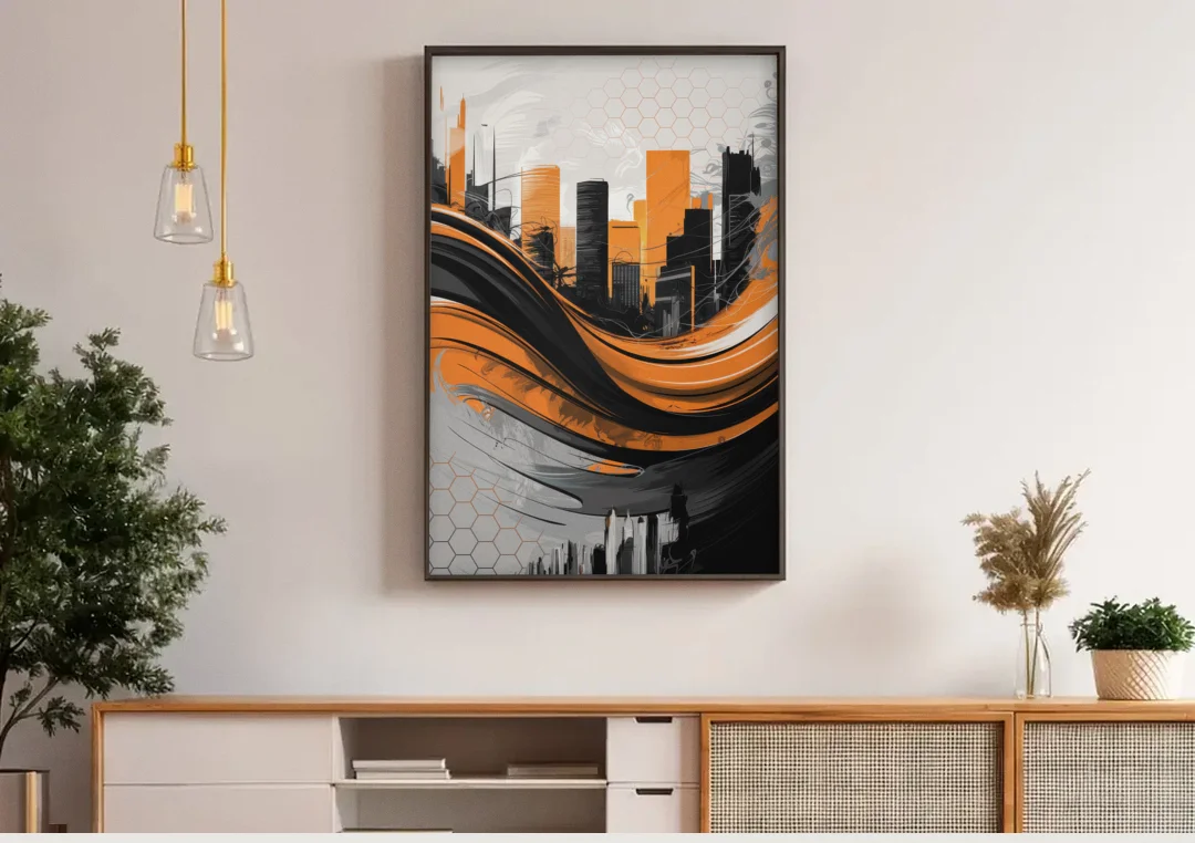 Houston Dynamo Colors canvas wall art above a wooden sideboard under pendant lights
