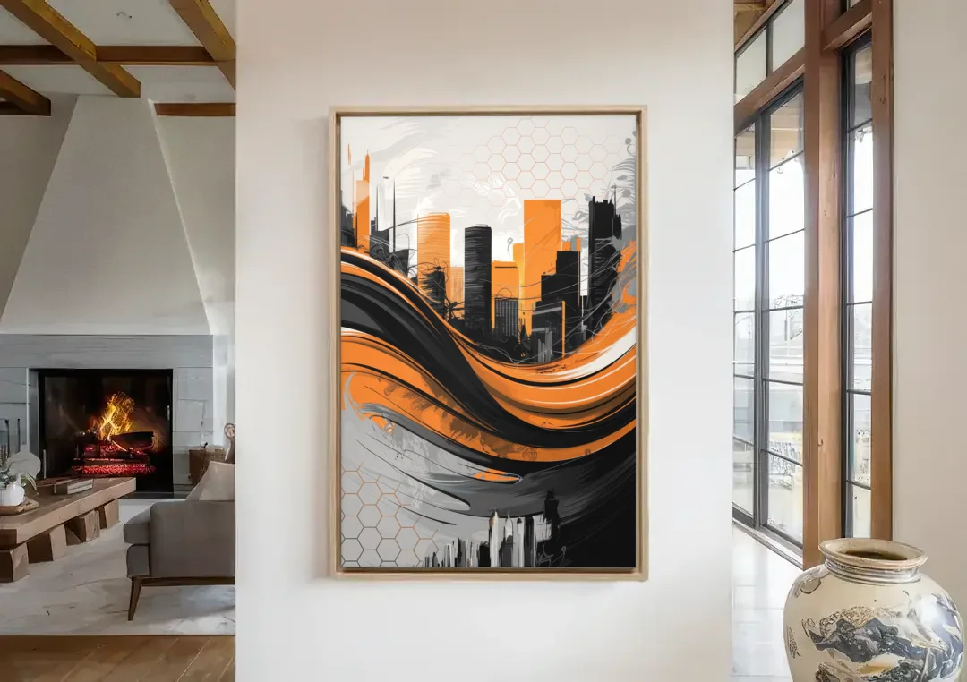 Houston Dynamo Colors canvas wall art in a living room with a fireplace