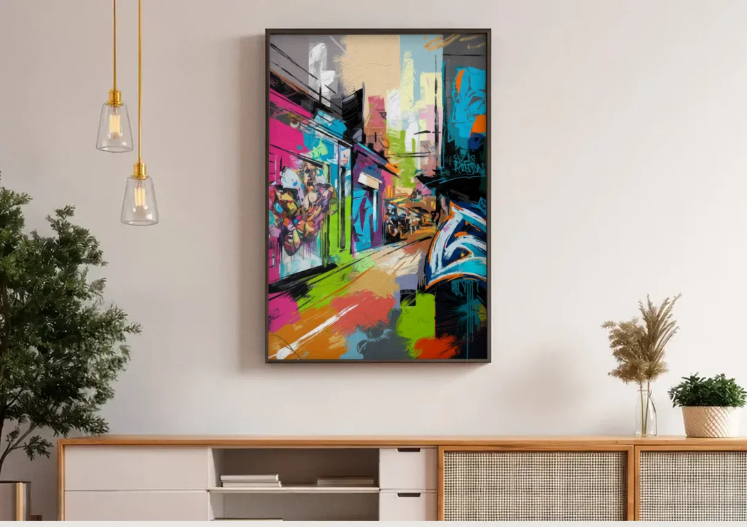 Houston Graffiti Streets canvas wall art above a wooden sideboard under pendant lights