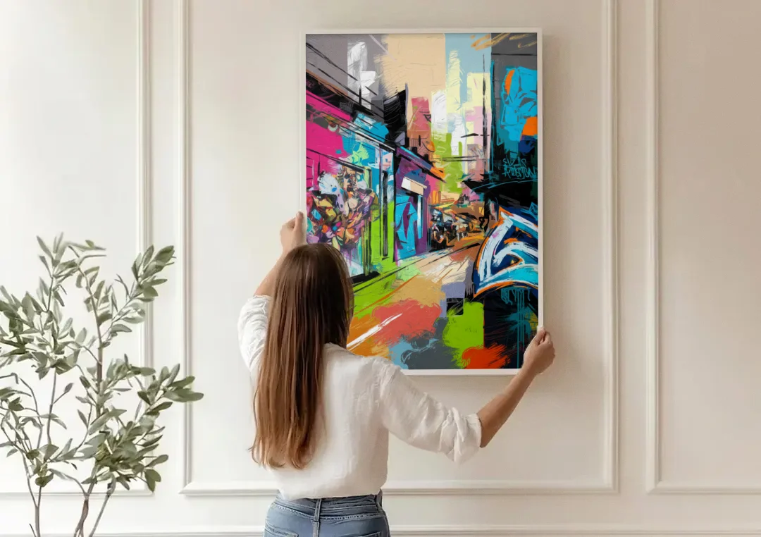 Houston Graffiti Streets canvas wall art being hung on a paneled wall