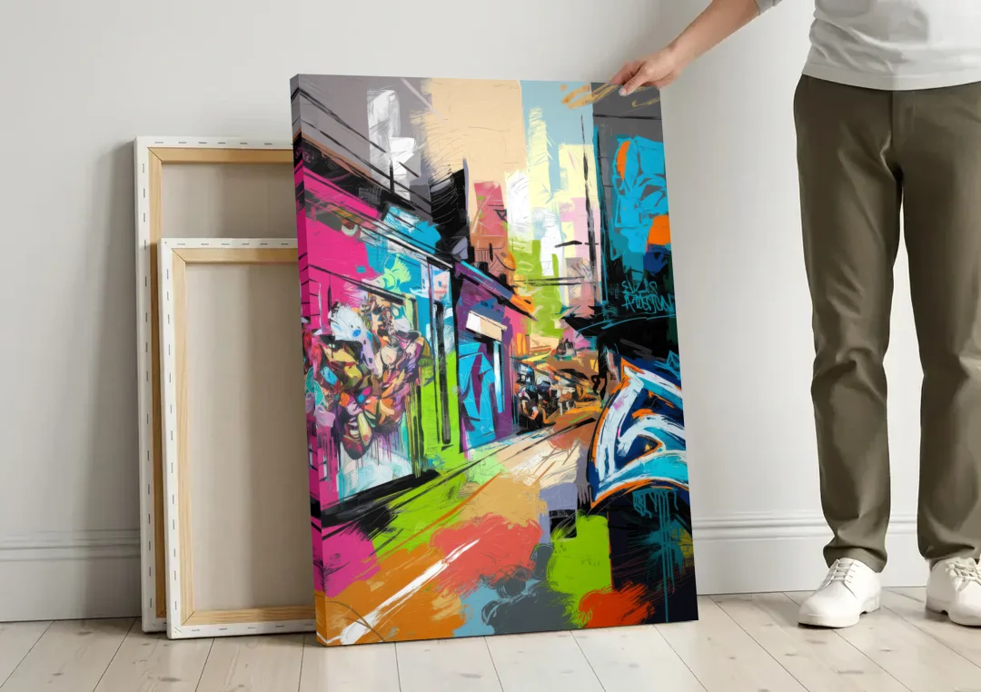 Houston Graffiti Streets canvas wall art leaning against a wall next to blank canvases