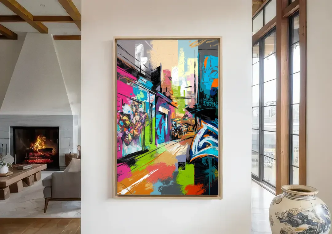 Houston Graffiti Streets canvas wall art in a living room with a fireplace