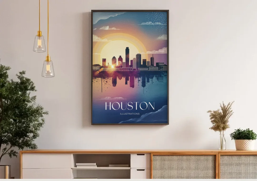 Houston Iconic Landmarks canvas wall art above a wooden sideboard under pendant lights
