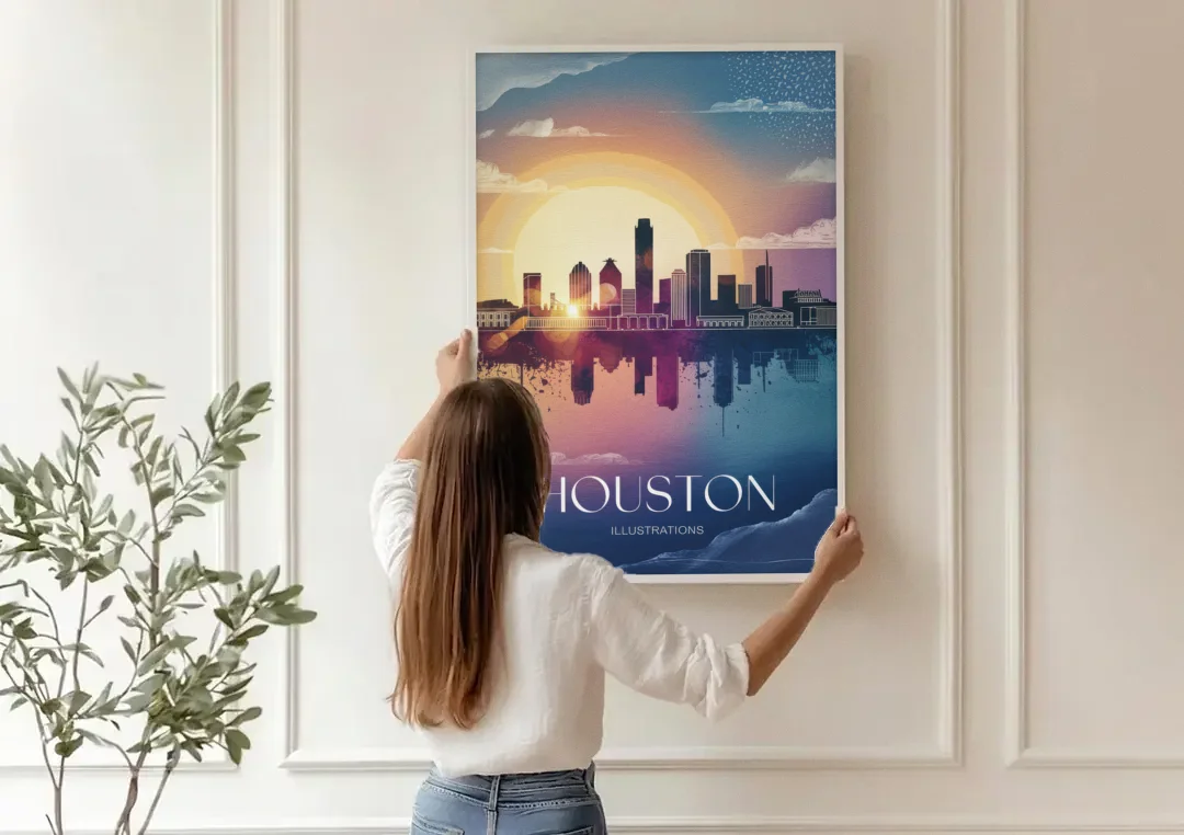 Houston Iconic Landmarks canvas wall art being hung on a paneled wall