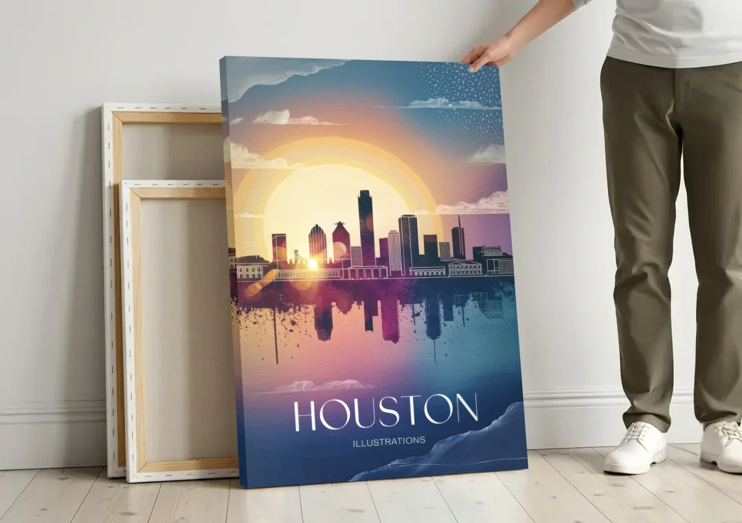 Houston Iconic Landmarks canvas wall art leaning against a wall next to blank canvases