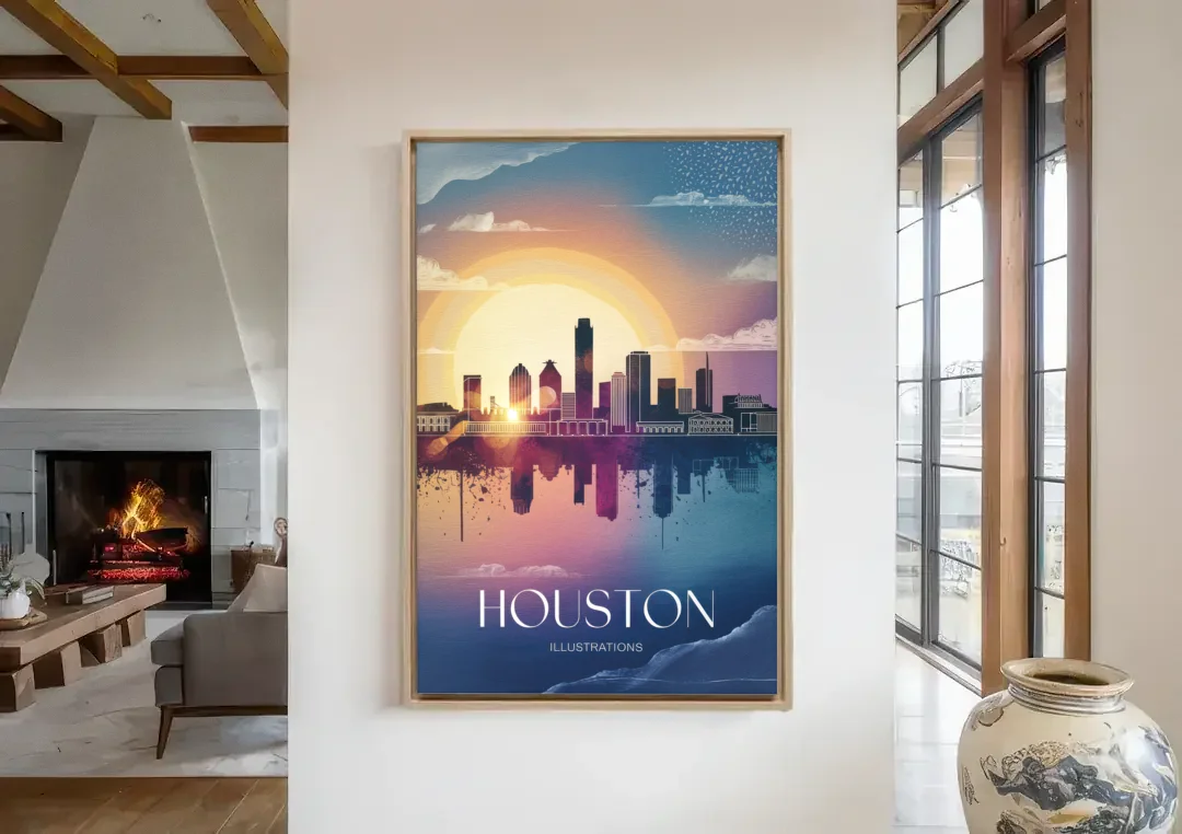 Houston Iconic Landmarks canvas wall art in a living room with a fireplace