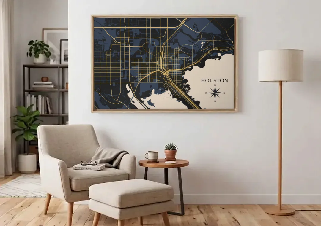 Houston Skyline Horizon canvas wall art above an armchair in a bright living room