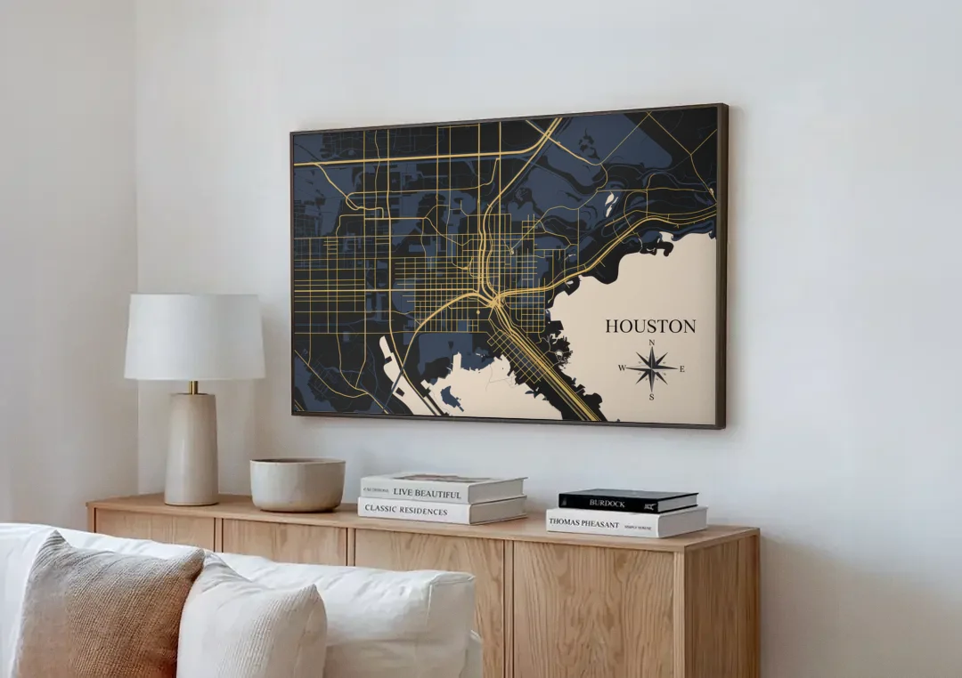 Houston Skyline Horizon canvas wall art above a wooden sideboard next to a sofa