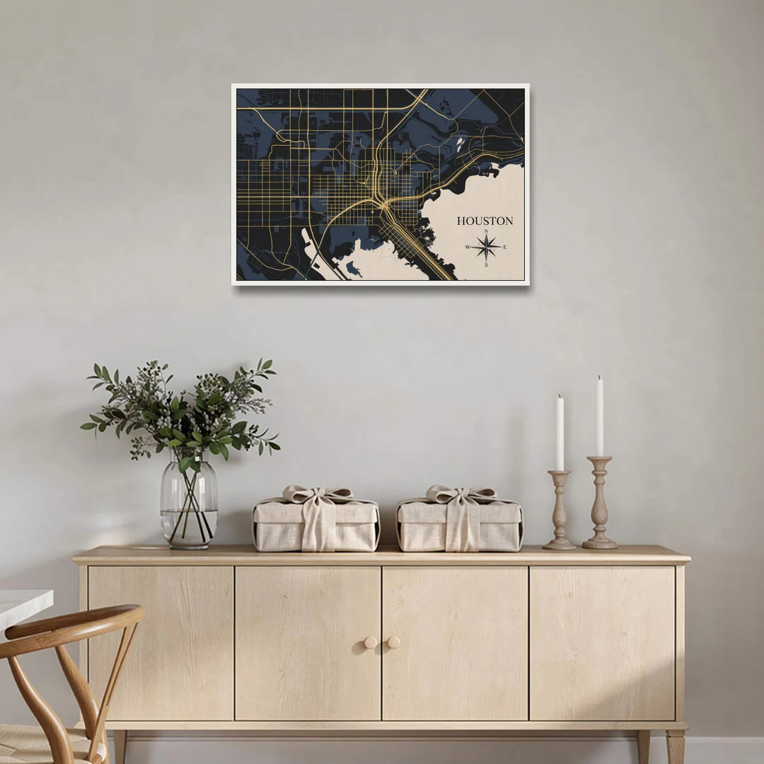 Houston Skyline Horizon - White Framed Canvas Wall Art - Coffee Table - 36x24