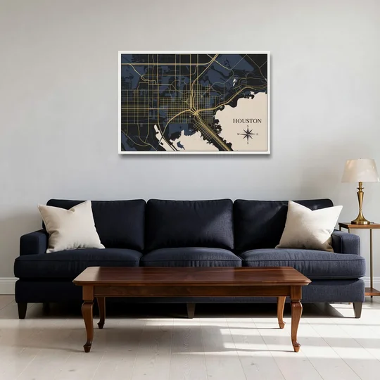 Houston Skyline Horizon - White Framed Canvas Wall Art - Sofa - 36x24