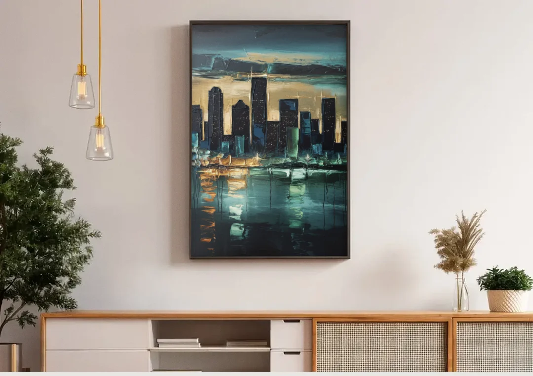 Houston Modern Aesthetic canvas wall art above a wooden sideboard under pendant lights