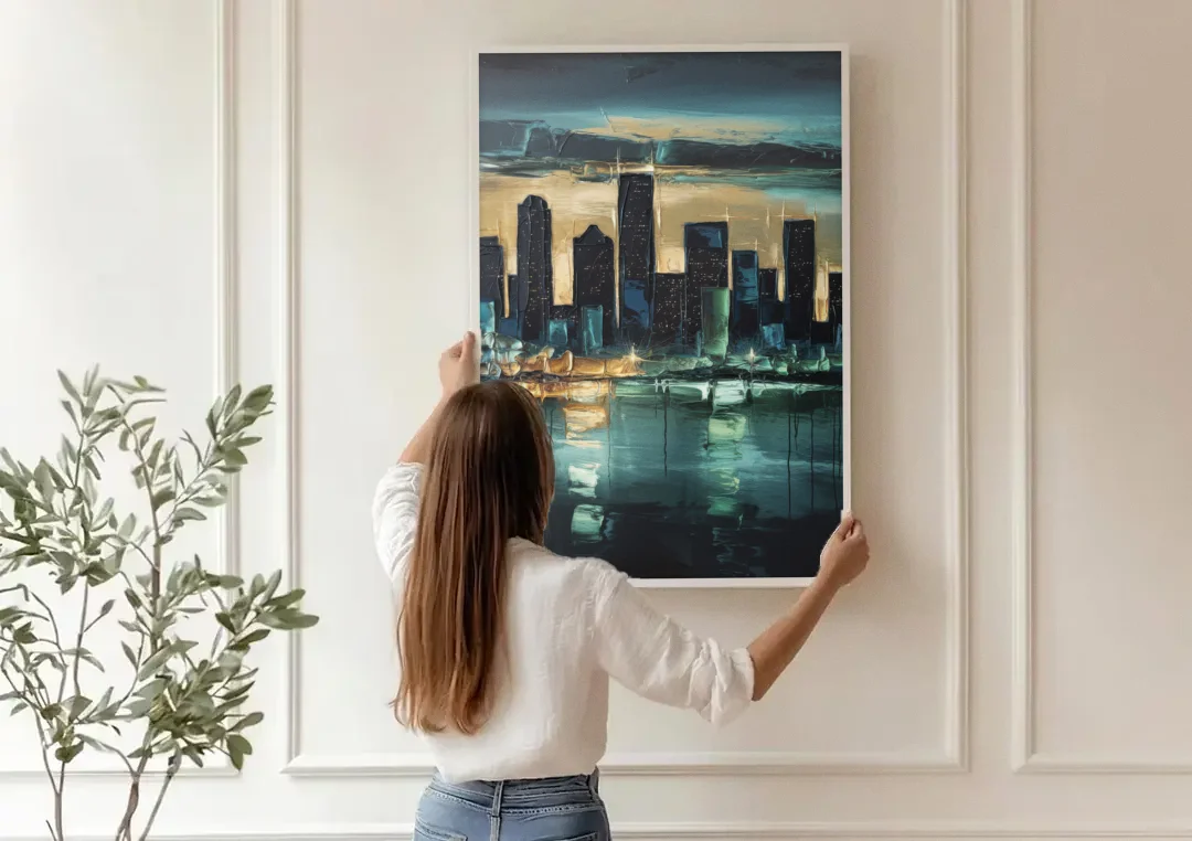 Houston Modern Aesthetic canvas wall art being hung on a paneled wall