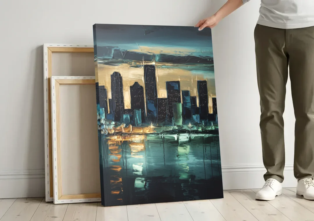 Houston Modern Aesthetic canvas wall art leaning against a wall next to blank canvases