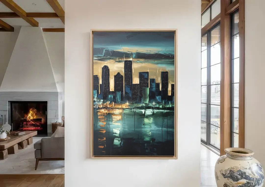 Houston Modern Aesthetic canvas wall art in a living room with a fireplace