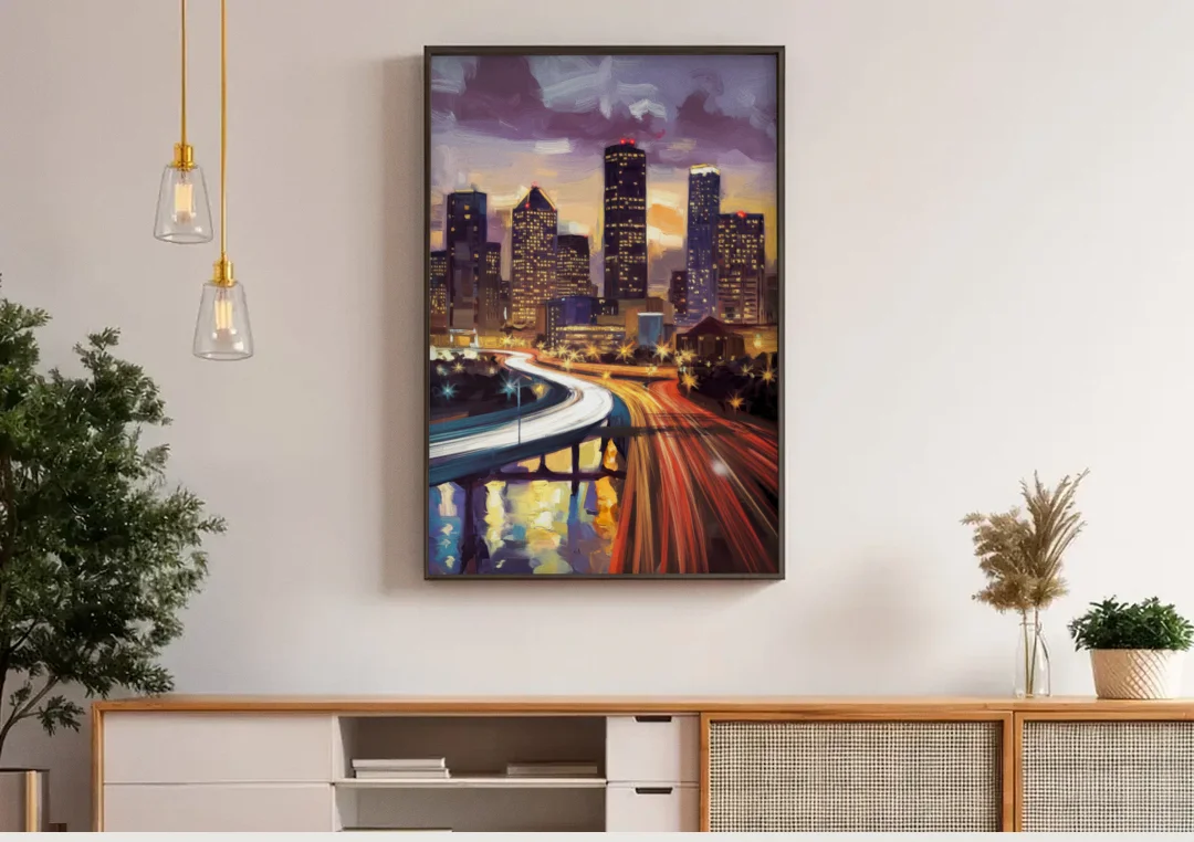 Houston Photography Collection canvas wall art above a wooden sideboard under pendant lights