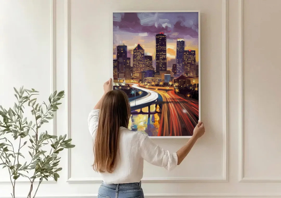 Houston Photography Collection canvas wall art being hung on a paneled wall