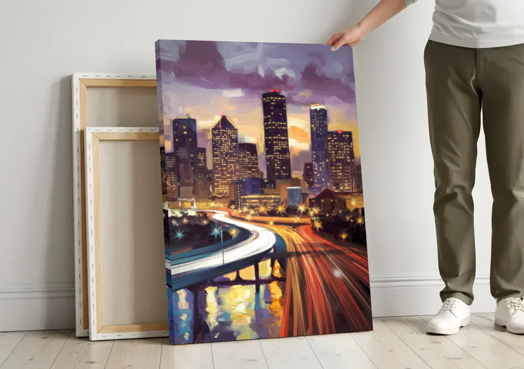Houston Photography Collection canvas wall art leaning against a wall next to blank canvases