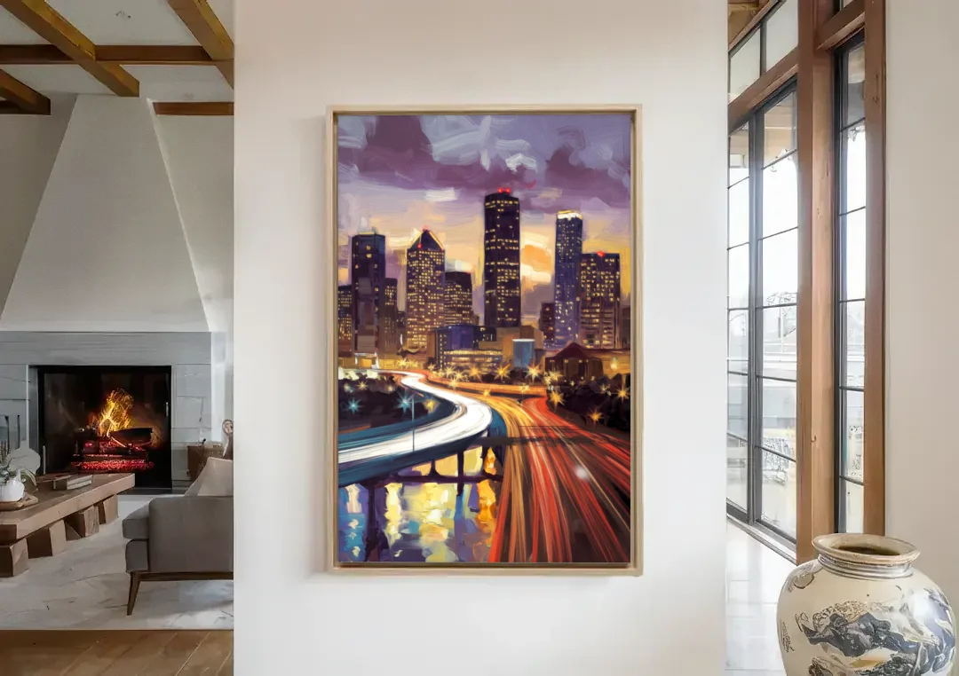 Houston Photography Collection canvas wall art in a living room with a fireplace